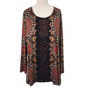 One World Women's Tunic Top Mixed Print Size 3X Hippie Boho Artsy Flowy Stretch